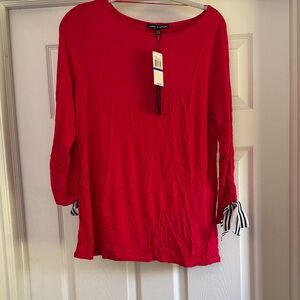 Cable and Guage 3/4 Ruched Sleeves Hot Pink/Red Blouse with Striped Ties